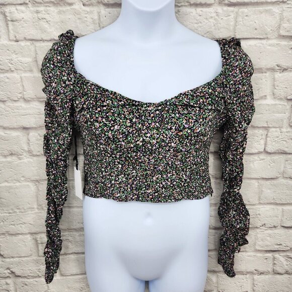 ASTR the Label Long Ruched Sleeve Livie Top in black green Ditsy Size Large NEW - Picture 2 of 16